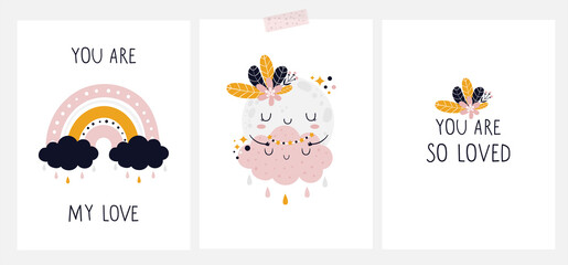  Hand drawn cards with cute baby characters and lettering. Rainbow with clouds, Moon with flowers and little cloud with stars. You are my love, you are so loved - hand lettering. Childish print