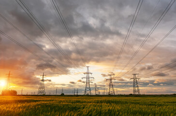 Wall Mural - high-voltage power lines passing through a green field, on the background of a beautiful cloudy sky