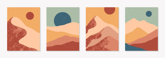 Wall Mural - Set of creative abstract mountain landscape backgrounds.Mid century modern vector illustrations with  mountains or desert dunes; sky, sun or moon.Trendy contemporary design.Futuristic wall art decor.