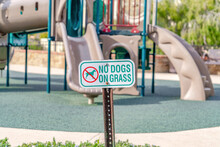 No Dogs On Grass Sign Against Blurred Playground In Huntington Beach California
