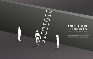 Poster - Silhouette robot standing with with ladder to climb to wall and businesswoman and businessman. Business concept for machine learning and a.i artificial intelligence.human vs. robot.