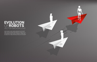 Poster - Silhouette robot standing on faster paper airplane. Business concept for machine learning and a.i artificial intelligence.human vs. robot.