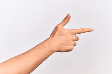 Wall Mural - Hand of caucasian young man showing fingers over isolated white background pointing with index finger to the side, suggesting and selecting a choice