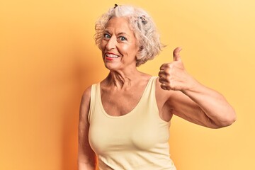 Wall Mural - Senior grey-haired woman wearing casual clothes doing happy thumbs up gesture with hand. approving expression looking at the camera showing success.