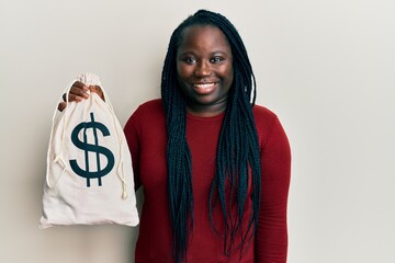 Sticker - Young black woman with braids holding dollars bag looking positive and happy standing and smiling with a confident smile showing teeth