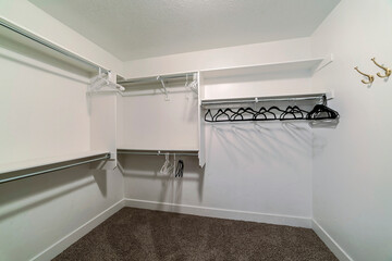 Wall Mural - Empty walk in closet of home with white wall and hanges hanging on netal rods