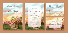 Watercolor Wedding Invitation Card With Sunset Sky And Trees