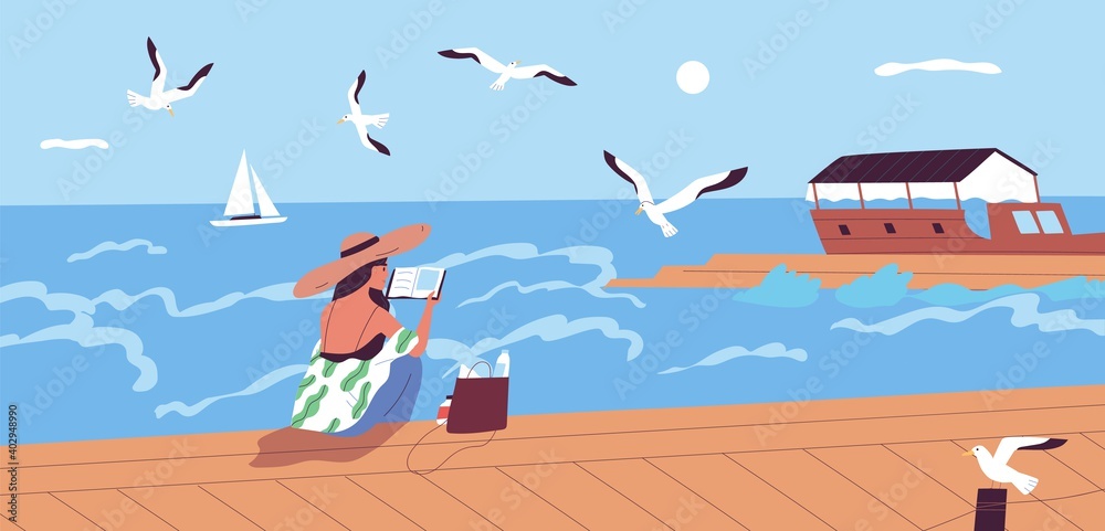 Woman reading book at waterfront alone vector flat illustration. Female character spending time alone enjoying literature and summer sea landscape. Relaxed person sitting on embankment - obrazy, fototapety, plakaty 