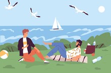 Male Friends Spending Time Together At Seashore Vector Flat Illustration. Young Couple At Picnic Outdoors. Smiling Men Talking And Relax At Natural Seascape. People Enjoy Summer Vacation