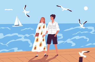 Wall Mural - Happy couple walking on waterfront holding hands vector flat illustration. Enamored man and woman on a romantic date at seashore. People spending time together at summer vacation