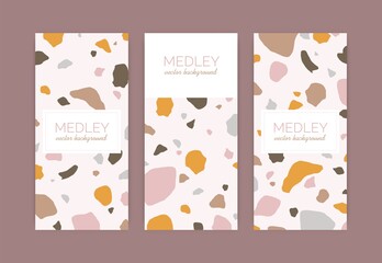 Poster - Set of card templates with terrazzo pattern. Trendy Venetian background with various organic geometric shapes and place for text. Collection of colorful vertical banners. Flat vector illustration