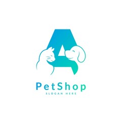 Wall Mural - Initial letter A. Pet logo design template. Modern animal icon for store, veterinary clinic, business service. Logo with cat and dog concept.