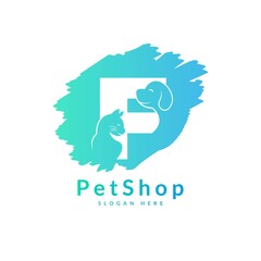 Initial letter F. Pet logo design template. Modern animal icon for store, veterinary clinic, business service. Logo with cat and dog concept.