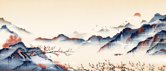 mountain peaks full of plum blossoms, ancient oriental paintings, and oriental classical paintings o