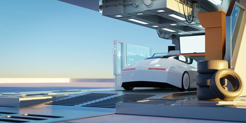 Electric car at futuristic  charging station.3D rendering.