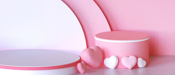 Poster - Abstract Mockup Platform Podium Valentine love pink Concept With Heart and on Pink wall background for product.banner- 3d rendering