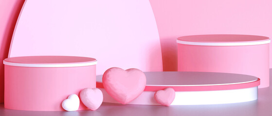 Wall Mural - Abstract Mockup and Platform Podium Love Concept With Heart and stage showcase on Pink wall background for product.banner- 3d rendering