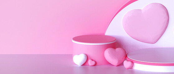 Poster - Abstract Mockup and Platform Podium Valentine Love Concept With Heart and Stage on Pink background for product.Copy Space - 3d rendering