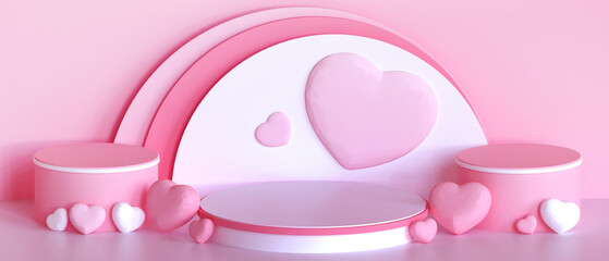Poster - Abstract Mockup and Platform Podium Valentine Love Concept With Heart and Stage on Pink background for product. Copy Space - 3d rendering