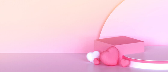 Poster - Valentine Podium love and pink Heart Geometric Shapes on Pink background With Copy Space for product banner - 3d rendering