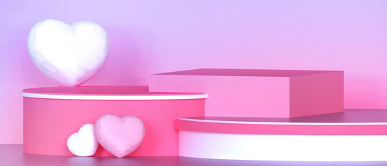 Poster - Valentine Podium love and pink Heart Geometric Shapes on Pink background With minimal stag for product banner - 3d rendering