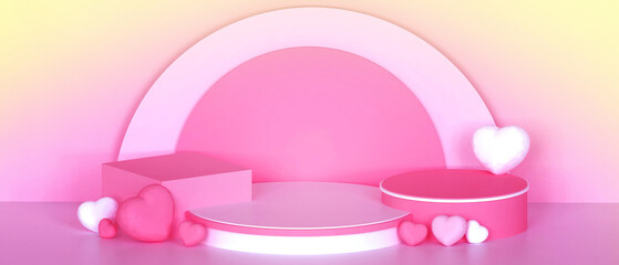 Poster - Valentine Podium love and pink Heart Geometric Shapes on Pink background With product banner and Copy Space - 3d rendering