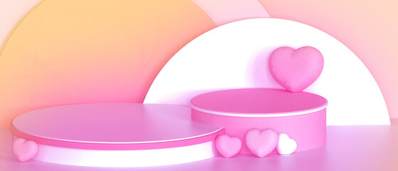 Poster - Valentine Podium love and pink Heart Geometric Shapes on Pink background with stage Concept minimal Art- 3d rendering