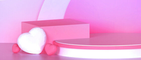 Poster - Valentine Podium love and pink Heart Geometric Shapes on Pink background With stage showcase and banner - 3d rendering