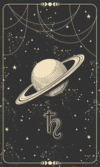 astrological chart with planet saturn and cosmic black background with stars, hand drawn divination 