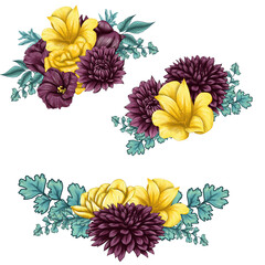 Wall Mural - Extravagant wedding flower bouquets, floral illustration, flower decor elements, purple and yellow bouquet