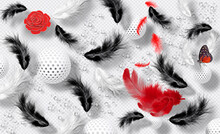 Custom Stunning Modern Abstract Design With Globes Of Black, White And Red Feathers On A Plain White Background With Water Drops,3d Illustration