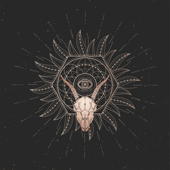Wall Mural - Vector illustration with hand drawn Goat skull and Sacred geometric symbol on black vintage background. Abstract mystic sign. Gold linear shape. 