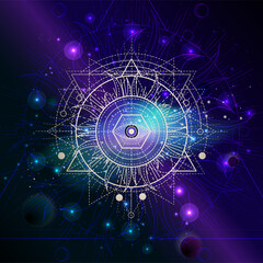 Wall Mural - Vector illustration of Sacred geometric symbol against the space background with galaxy and stars. Mystic sign drawn in lines. Image in blue and purple color.