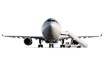 Front view of passenger airplane and boarding steps at the airport apron isolated on white background