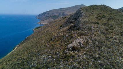 Wall Mural - aerial view of the Hydra Island in Greece from drone, boats in port