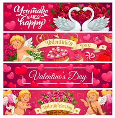 Wall Mural - Valentines Day banners of love holiday gifts, hearts and Cupids. Vector rose flower bouquets, engagement and wedding rings, chocolate cakes, candies and balloons, swan birds and candles greeting cards