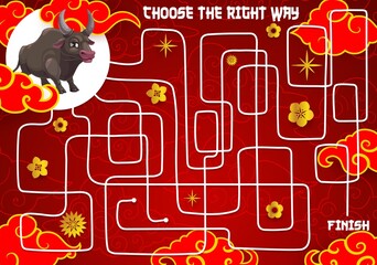 Aufkleber - Child New Year maze, find path game with chinese zodiac ox. Children labyrinth game, kids holiday playing activity with search way task. Lotus and cherry golden flowers, bull animal cartoon vector
