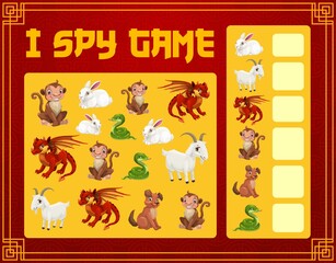 Poster - Kids I spy game with Chinese zodiac calendar animals. New Year holiday child riddle, playing activity with counting task. Monkey, hare and dragon, snake, goat and dog cartoon characters vector