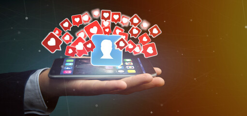 Poster - businessman holding like notification on a contact on a social media 3d rendering