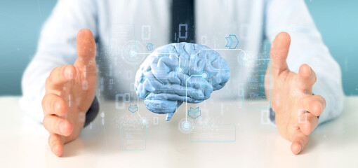 Poster - businessman holding a intelligence artificial brain with data - 3d rendering