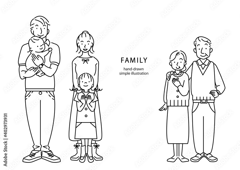 シンプルでおしゃれな三世代家族の線画イラスト Stock Gamesageddon