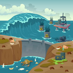 Wall Mural - Ecology pollution, oil derrick in polluted ocean and barrels with toxic liquid floating on dirty sea water surface with dam and dying animals, rubbish, ecological problem, Cartoon vector illustration