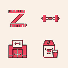 Sticker - Set Paper package for milk, Tape measure, Dumbbell and Gym building icon. Vector.