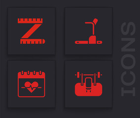 Sticker - Set Bench with barbel, Tape measure, Treadmill machine and Heart rate icon. Vector.