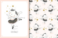Cute Little Baby Cat Ballerina Dancer Character. Kitty Card And Seamless Background Pattern Set For Girls. Hand Drawn Surface Design Vector Illustration