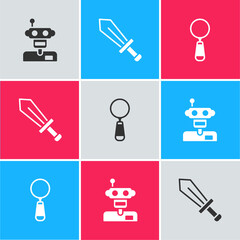 Sticker - Set Robot, Sword for game and Magnifying glass icon. Vector.