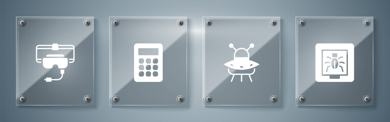 Poster - Set Insects in a frame, UFO flying spaceship, Calculator and Virtual reality glasses. Square glass panels. Vector.