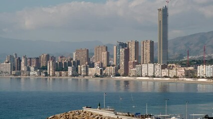 Poster - Benidorm skyline. Spanish popular touristic place view. Modern office and residential skyscrapers buildings, Mediterranean Sea. Province of Alicante, Costa Blanca, Spain