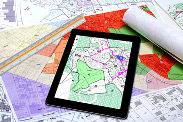 Urbanisme - Aménagement du territoire - Cartes de plan local d'urbanisme et cadastre affiché sur une tablette numérique