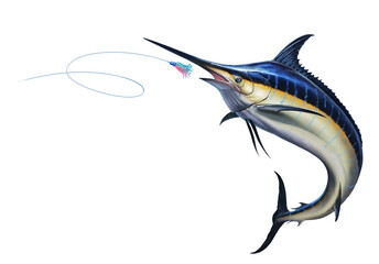 Wall Mural - Big black marlin jumps out of the sea Bait Sea Octopus Skirt. Black Swordfish extreme fishing on the high seas. Holidays in the tropics and hobbies.